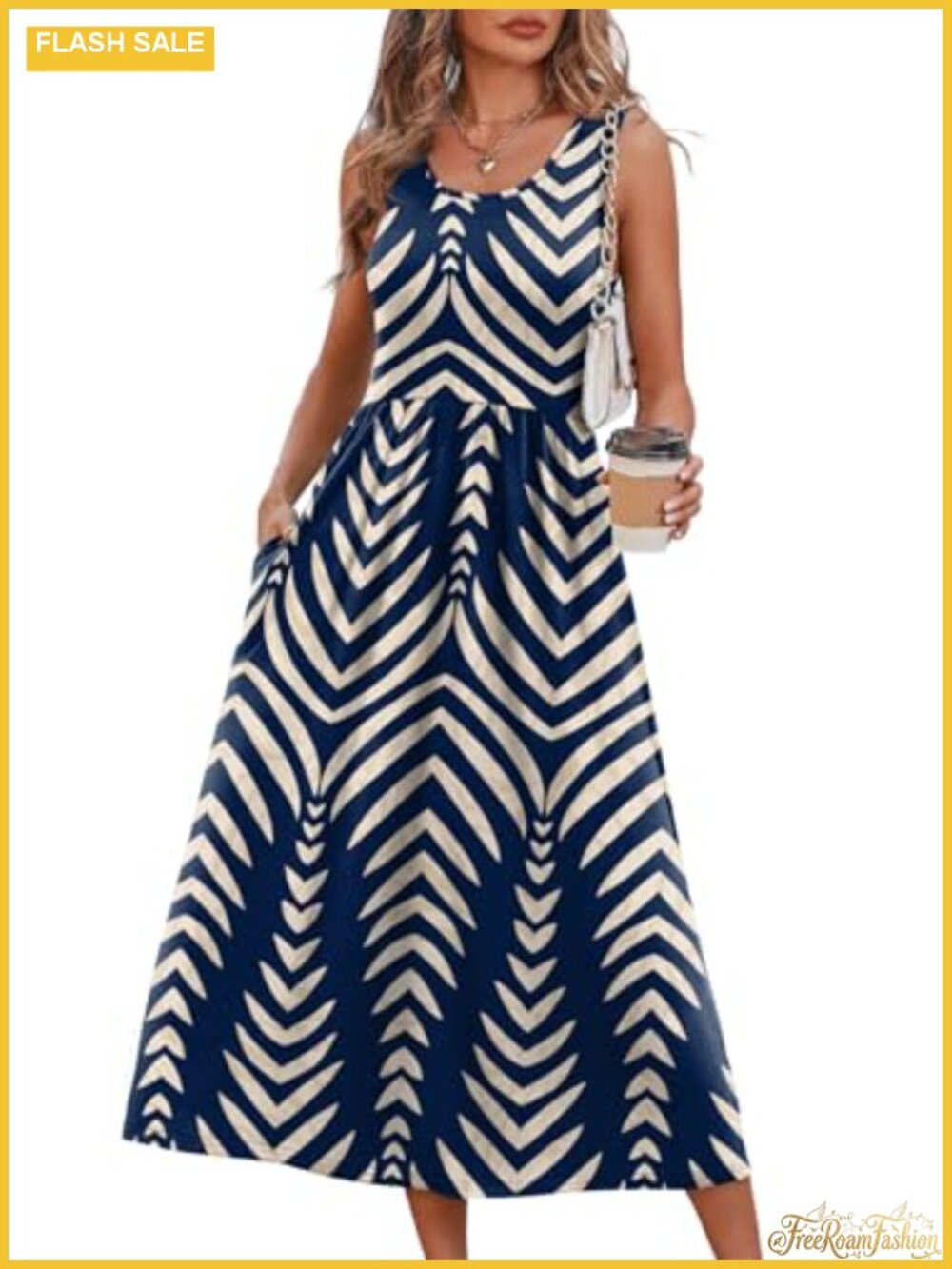 Womens Flowy Midi Summer Dress Sleeveless Scoop Neck A-Line Casual with Pockets